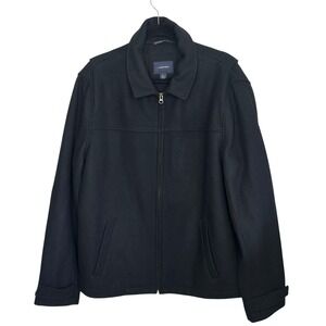 Lands End Wool Blend Full Zip Jacket Coat Mens Large Black Tweed Outdoor Winter